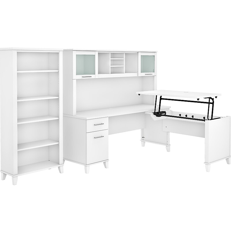Bush Furniture Somerset 72"W 3 Position Sit to Stand L Shaped Desk with Hutch and Bookcase, White (SET017WH) image 1