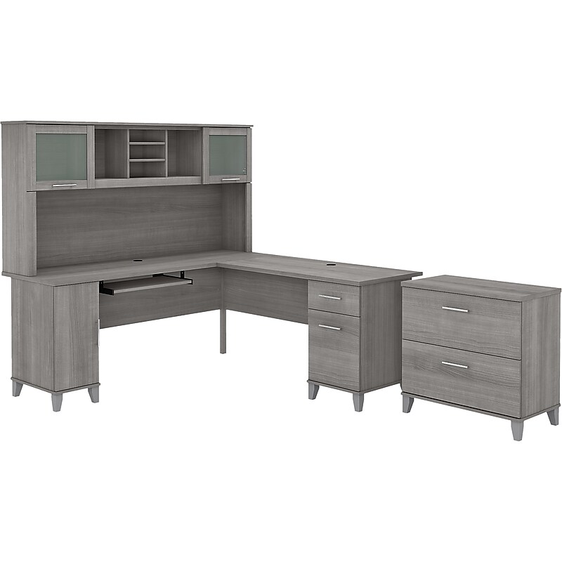 Bush Furniture Somerset 72"W L Shaped Desk with Hutch and Lateral File Cabinet, Platinum Gray (SET009PG) image 1