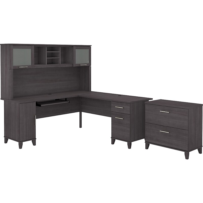 Bush Furniture Somerset 72"W L Shaped Desk with Hutch and Lateral File Cabinet, Storm Gray (SET009SG) image 1