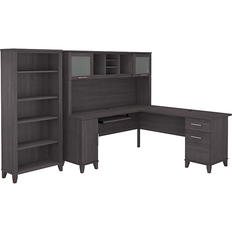 Bush Furniture Somerset 72"W L Shaped Desk with Hutch and 5 Shelf Bookcase, Storm Gray (SET011SG) image 1