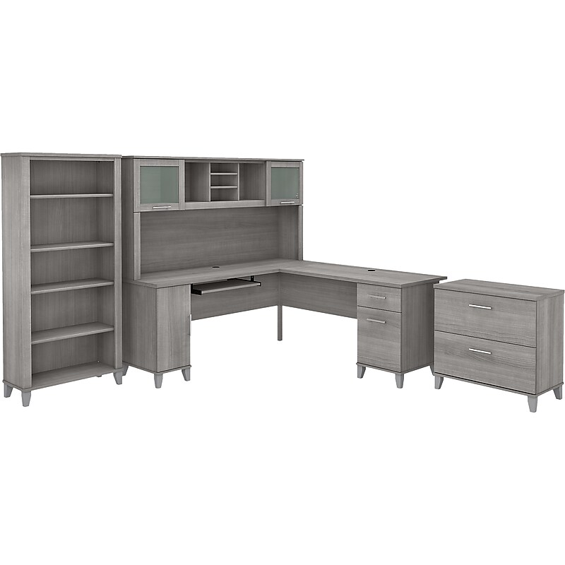 Bush Furniture Somerset 72"W L-Shaped Desk with Hutch, Lateral File Cabinet and Bookcase, Platinum Gray (SET012PG) image 1