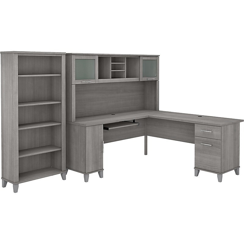 Bush Furniture Somerset 72"W L Shaped Desk with Hutch and 5 Shelf Bookcase, Platinum Gray (SET011PG) image 1