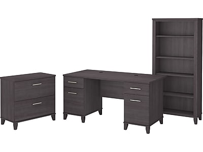 Bush Home Somerset 60W Office Desk with Lateral File Cabinet and 5 Shelf Bookcase - Thumbnail 2