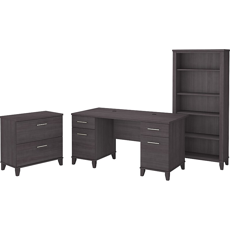 Bush Furniture Somerset 60"W Office Desk with Lateral File Cabinet and 5 Shelf Bookcase, Storm Gray (SET013SG) image 1