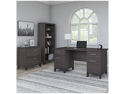 Bush Home Somerset 60W Office Desk with Lateral File Cabinet and 5 Shelf Bookcase
