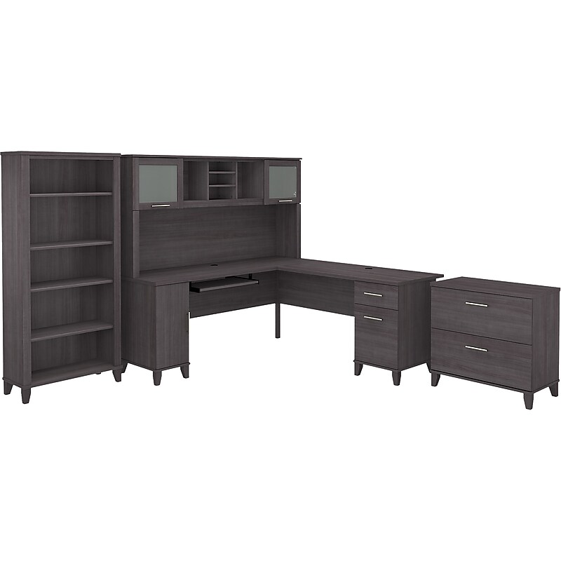 Bush Furniture Somerset 72"W L-Shaped Desk with Hutch, Lateral File Cabinet and Bookcase, Storm Gray (SET012SG) image 1