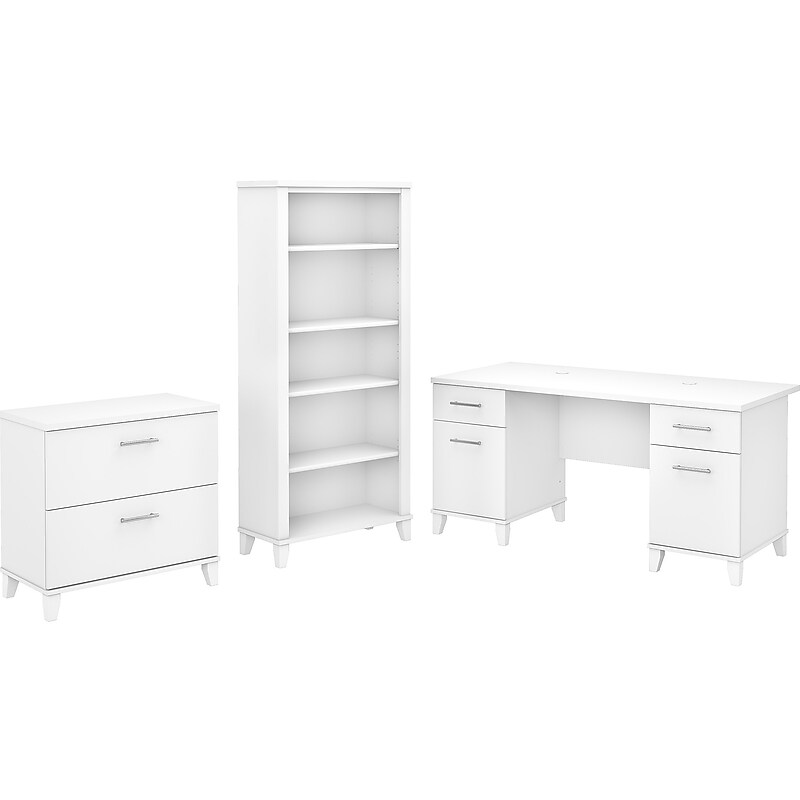 Bush Furniture Somerset 60"W Office Desk with Lateral File Cabinet and 5 Shelf Bookcase, White (SET013WH) image 1