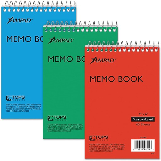 Ampad Memo Books, 4" x 6", Narrow Ruled, Assorted Colors, 40 Sheets/Pad