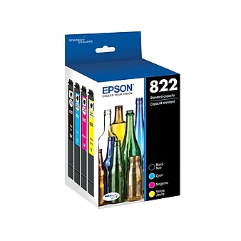 Epson T822 Black/Cyan/Magenta/Yellow Standard Yield Ink Cartridge, 4/Pack (T822120XL-BCS)