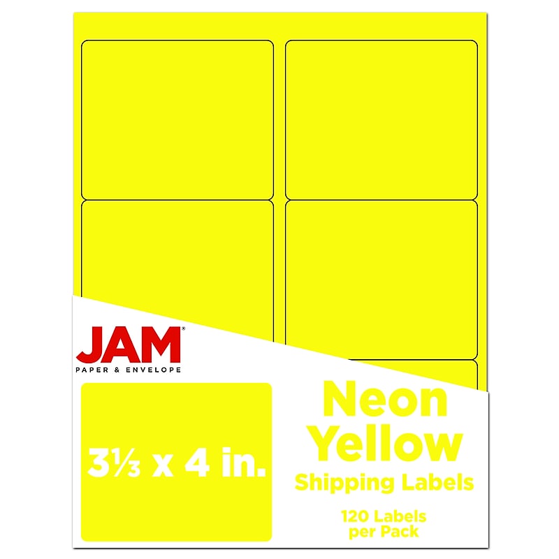 JAM Paper Shipping Label, 3 1/3" x 4", Neon Yellow, 6 Labels/Sheet, 20 Sheets/Pack (354328049) image 1