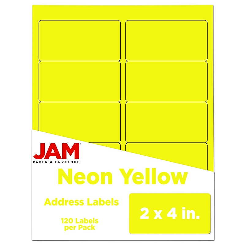 JAM Paper Laser/Inkjet Shipping Labels, 2" x 4", Neon Yellow, 10 Labels/Sheet, 12 Sheets/Pack (3543282) image 1