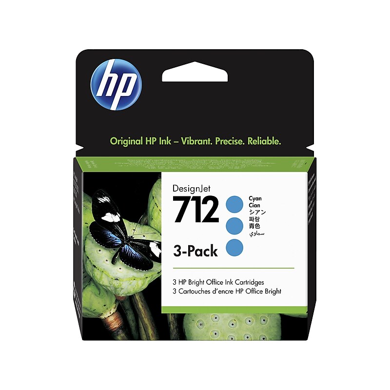 HP 712 Cyan Standard Yield Ink Cartridge, 3/Pack (3ED77A) image 1