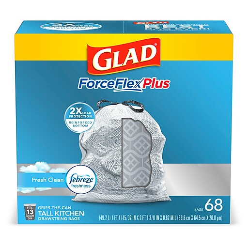 Glad Forceflex 13 Gallon Drawstring Trash Bags Low Density Febreze 72 Mil White 68 Bags Box 78714 Staples