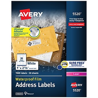 Avery Waterproof Laser Address Labels, 1" x 2-5/8", Matte White, 30 Labels/Sheet, 50 Sheets/Box, 1,500 Labels/Box (5520)