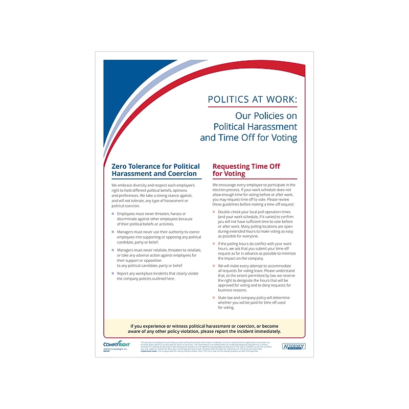 ComplyRight Political Harassment & Time-Off for Voting Workplace Policies Poster (A2241) image 1