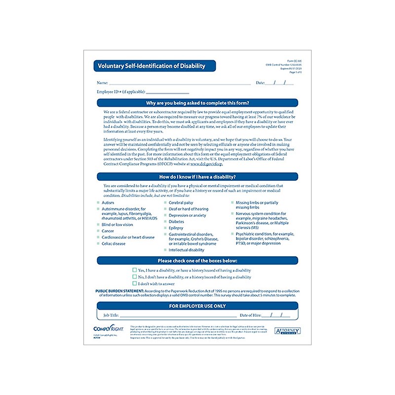 ComplyRight Voluntary Self-Identification of Disability Form, 25/Pack (A0109PK25) image 1