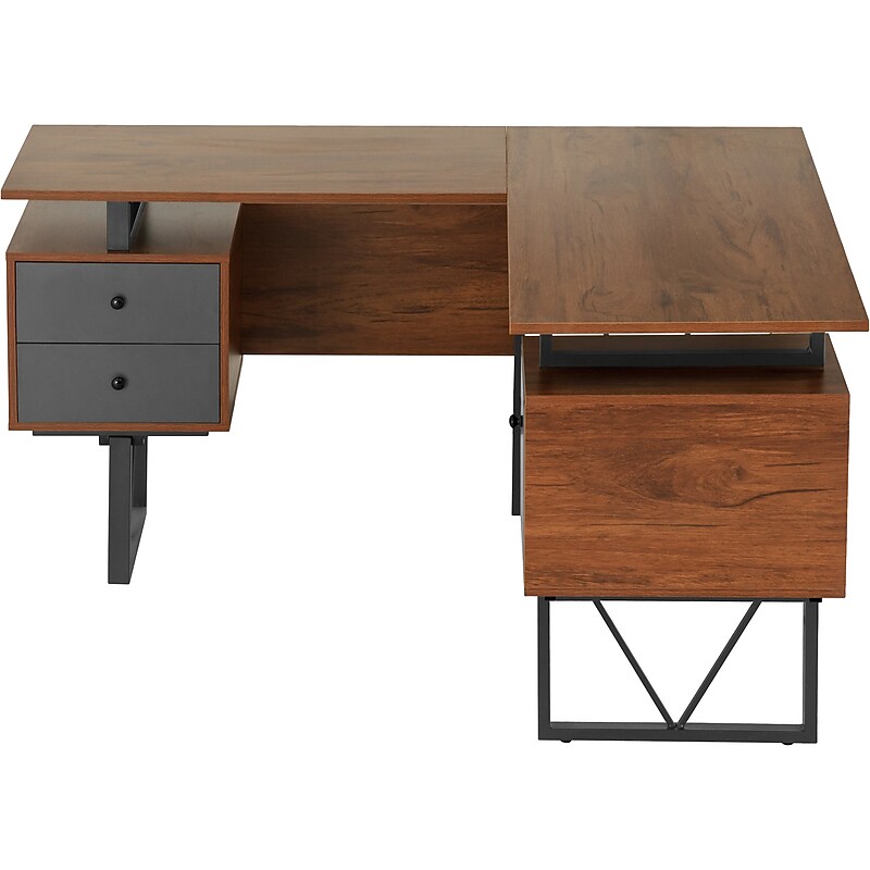 Techni Mobili 59" L-Shaped Desk with Drawers and File Cabinet, Walnut/Black (RTA-4809DL-WAL) image 1