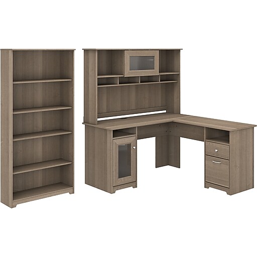 Bush Furniture Cabot 60"W LShaped Desk with Hutch and 5Shelf Bookcase