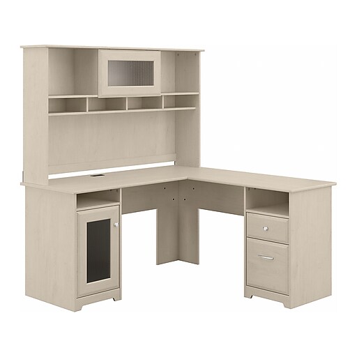Bush Furniture Cabot 59" LShaped Computer Desk with Hutch, Linen White