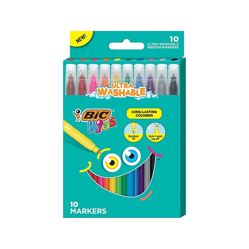 BIC Kids Ultra Washable Markers, Medium Point, Assorted Colors, 10 Markers/Box (BKCM10-AST) image 1
