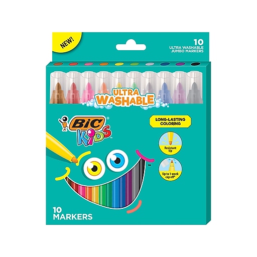 BIC Kids Ultra Washable Markers, Jumbo Chisel Point, Assorted Colors, 10  Markers/Box (BKCMJ10-AST)