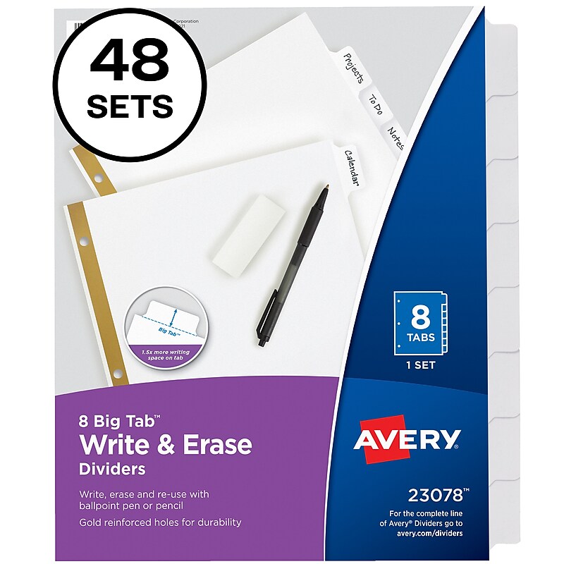 Avery Big Tab Write & Erase Paper Dividers, 8 Tab, White, 48 Sets/Carton (23078CT) image 1