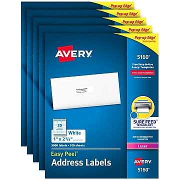 Avery Easy Peel Laser Address Labels, 1" x 2 5/8", White, 15000 Labels Per Pack (5160)