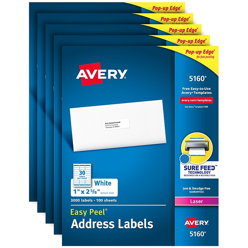 Avery Easy Peel Laser Address Labels, 1" x 2-5/8", White, 15,000 Labels/Carton (5160CT) image 1