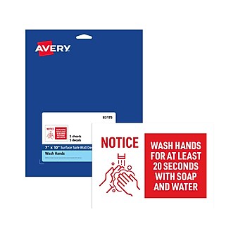 Avery Wash Hands Wall Sign, 10" x 7", White/Red, 5/Pack (83175)