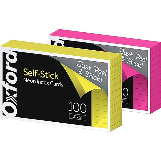 Oxford SelfStick Index Cards, 3" x 5", Ruled, Assorted Neon, 100/Pack