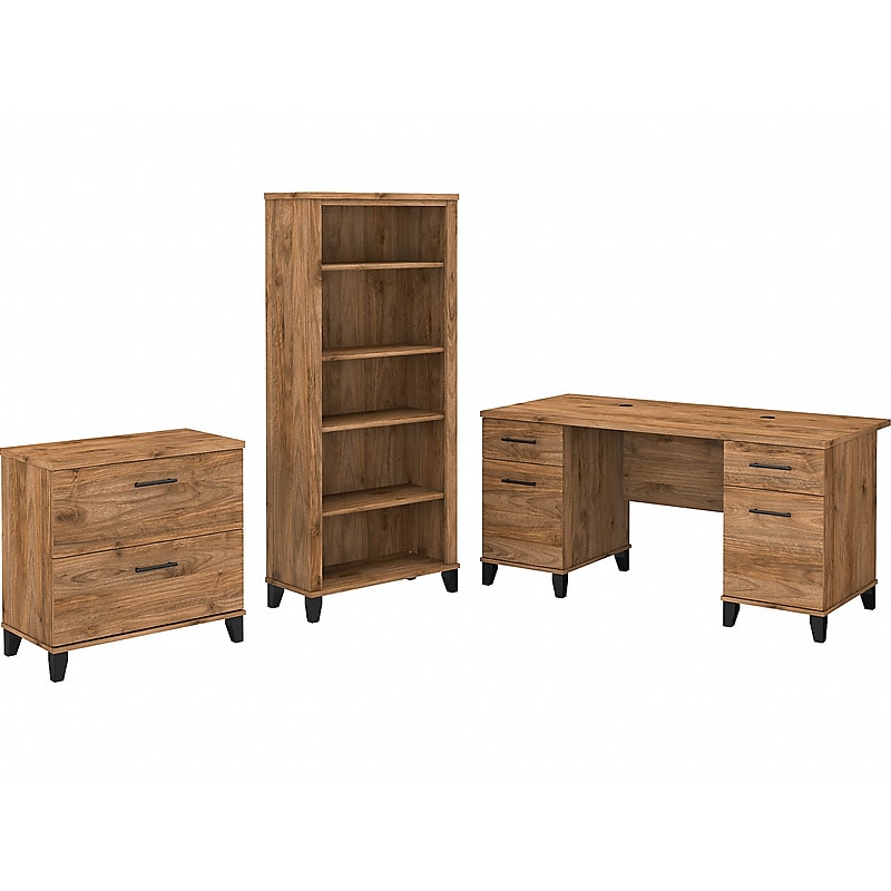 Bush Furniture Somerset 60" Computer Desk with Lateral File Cabinet and 5-Shelf Bookcase, Fresh Walnut (SET013FW) image 1
