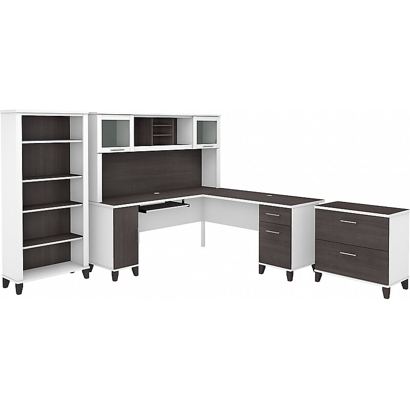 Bush Furniture Somerset 72"W L-Shaped Desk with Hutch, Lateral File Cabinet and Bookcase, Storm Gray/White (SET012SGWH) image 1