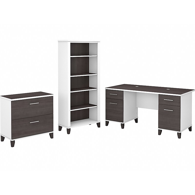 Bush Furniture Somerset 60" Computer Desk with Lateral File Cabinet and 5-Shelf Bookcase, Storm Gray/White (SET013SGWH) image 1