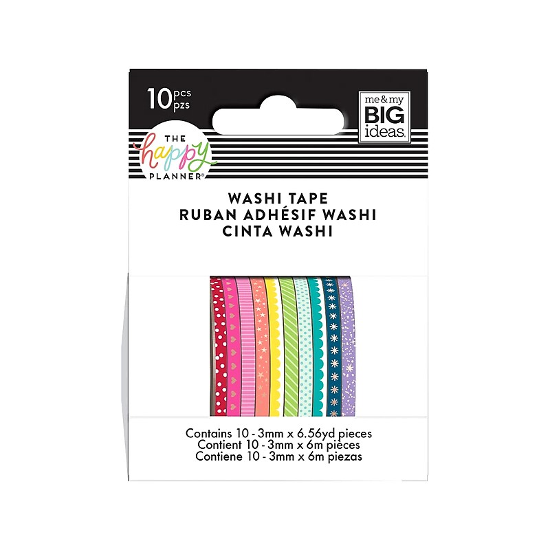 The Happy Planner Washi Tape, 0.12" x 6.56', Assorted Colors, 10 Rolls/Pack (WTSS-09) image 1