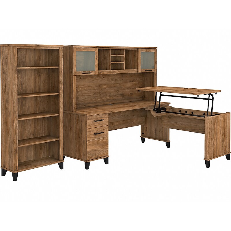 Bush Furniture Somerset 72"W 3 Position Sit to Stand L Shaped Desk with Hutch and Bookcase, Fresh Walnut (SET017FW) image 1