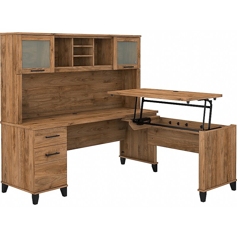 Bush Furniture Somerset 72"W 3 Position Sit to Stand L Shaped Desk with Hutch, Fresh Walnut (SET015FW) image 1