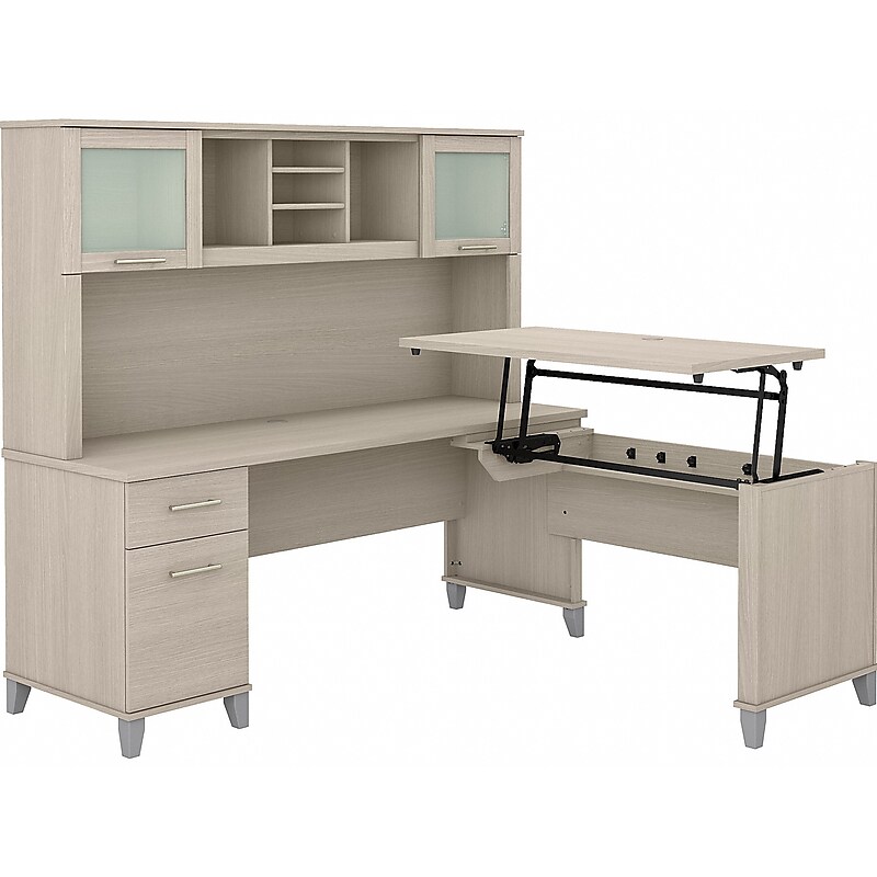 Bush Furniture Somerset 72"W 3 Position Sit to Stand L Shaped Desk with Hutch, Sand Oak (SET015SO) image 1