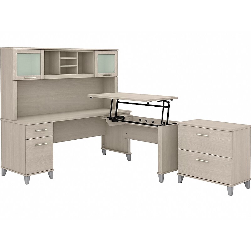 Bush Furniture Somerset 72"W 3 Position Sit to Stand L Shaped Desk with Hutch and File Cabinet, Sand Oak (SET016SO) image 1