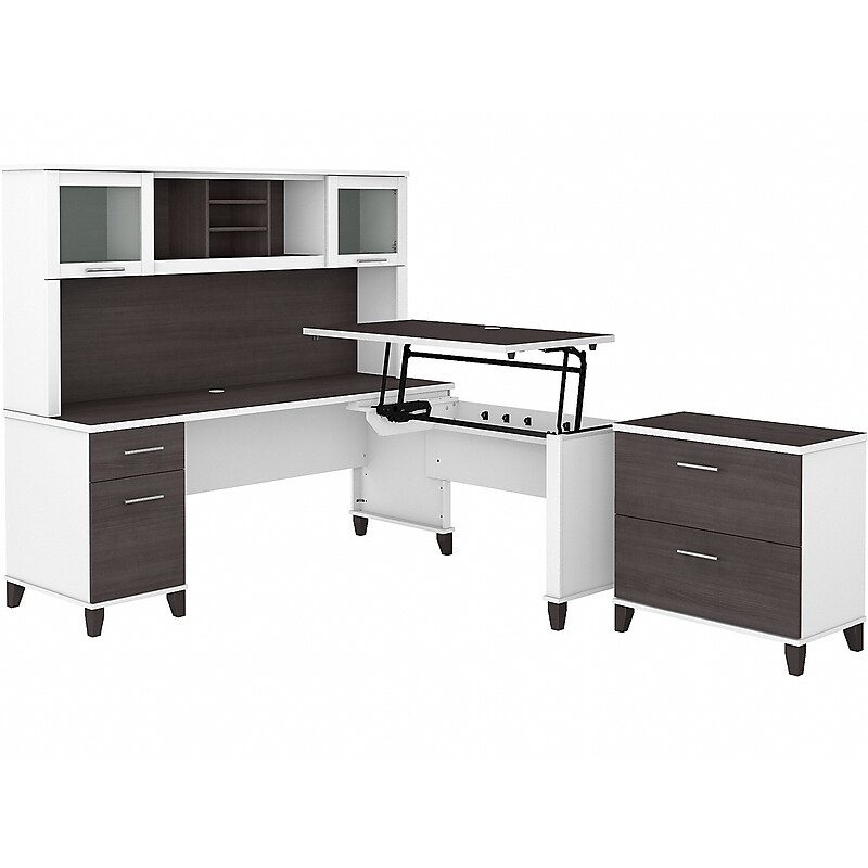 Bush Furniture Somerset 72"W 3 Position Sit to Stand L Shaped Desk with Hutch and File Cabinet, Storm Gray/White (SET016SGWH) image 1