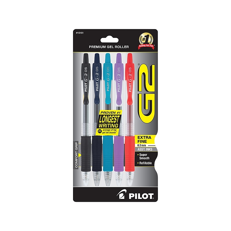 Pilot G2 Retractable Gel Pens, Extra Fine Point, Assorted Inks, 5/Pack (G25C5005) image 1