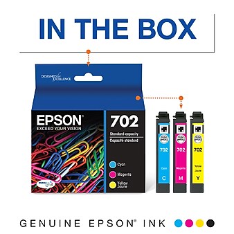 Epson T702 Cyan/Magenta/Yellow Standard Yield Ink Cartridge, 3/Pack (T702520-S)