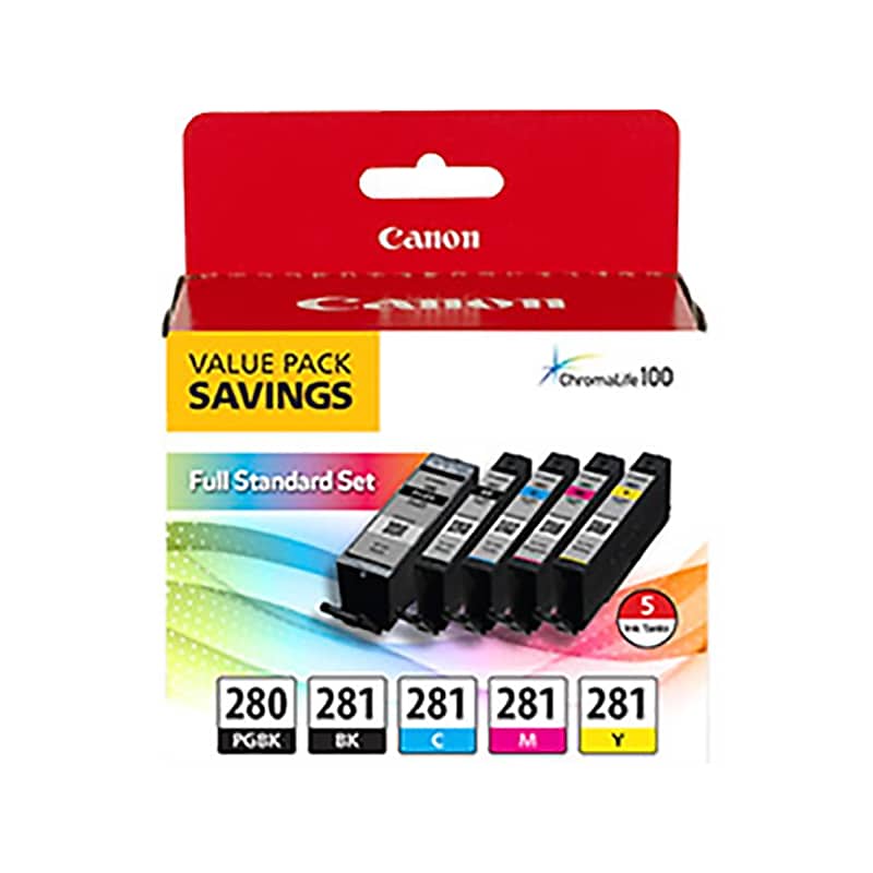 Canon 280/281/Black/Pigment Black/Cyan/Magenta/Yellow Standard Yield Ink Cartridges  (2075C006) image 1