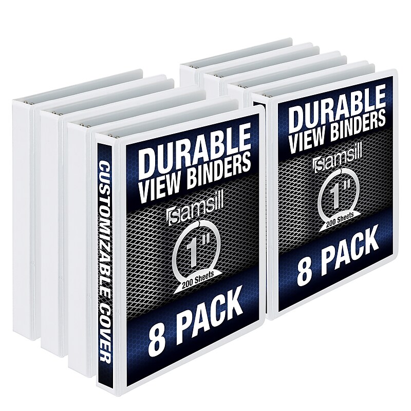 Samsill Durable 1" View Ring Binders, D-Ring, Made in USA, White, 8/Pack (S88437) image 1