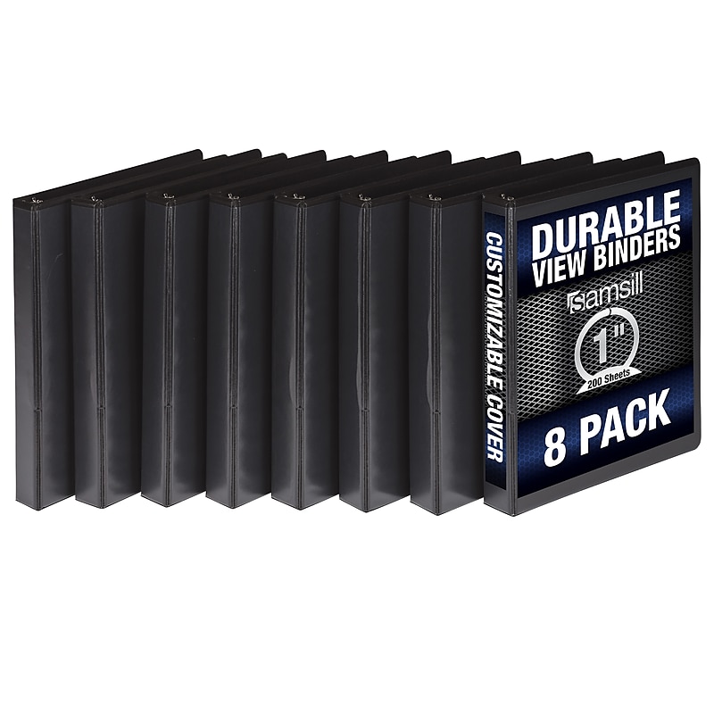 Samsill Durable 1" View Ring Binders, D-Ring, Made in USA, Black, 8/Pack (S88430) image 1