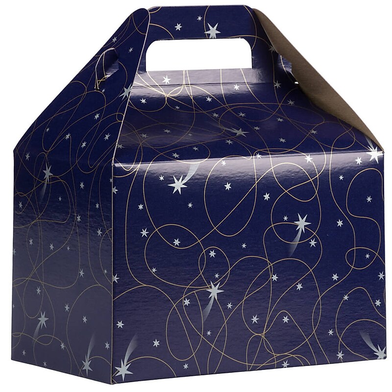 JAM PAPER Gable Gift Box with Handle, Medium, 4 x 8 x 5 1/4, Purple Shooting Stars Design image 1