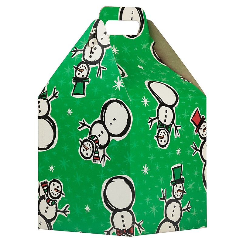JAM PAPER Gable Gift Box with Handle Large, 8 x 7 1/4 x 8, Green Snowman Design image 1