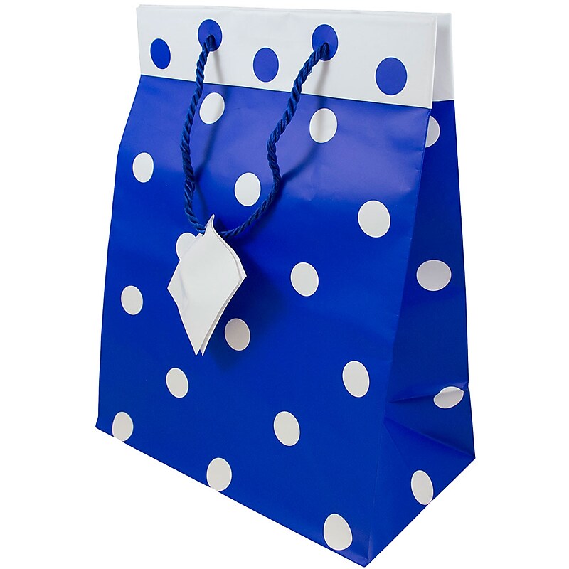JAM Paper Gift Bags with Rope Handles, 10" x 13" x 6", Blue/White Polka Dot, 24/Pack (4731730B) image 1