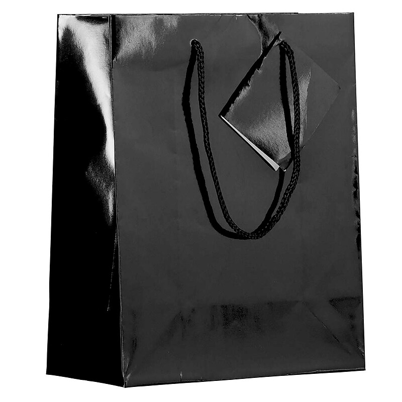 JAM Paper Glossy Gift Bag with Rope Handles, 8" x 4" x 10", Black, 3 Bags/Pack (672GLBLB) image 1