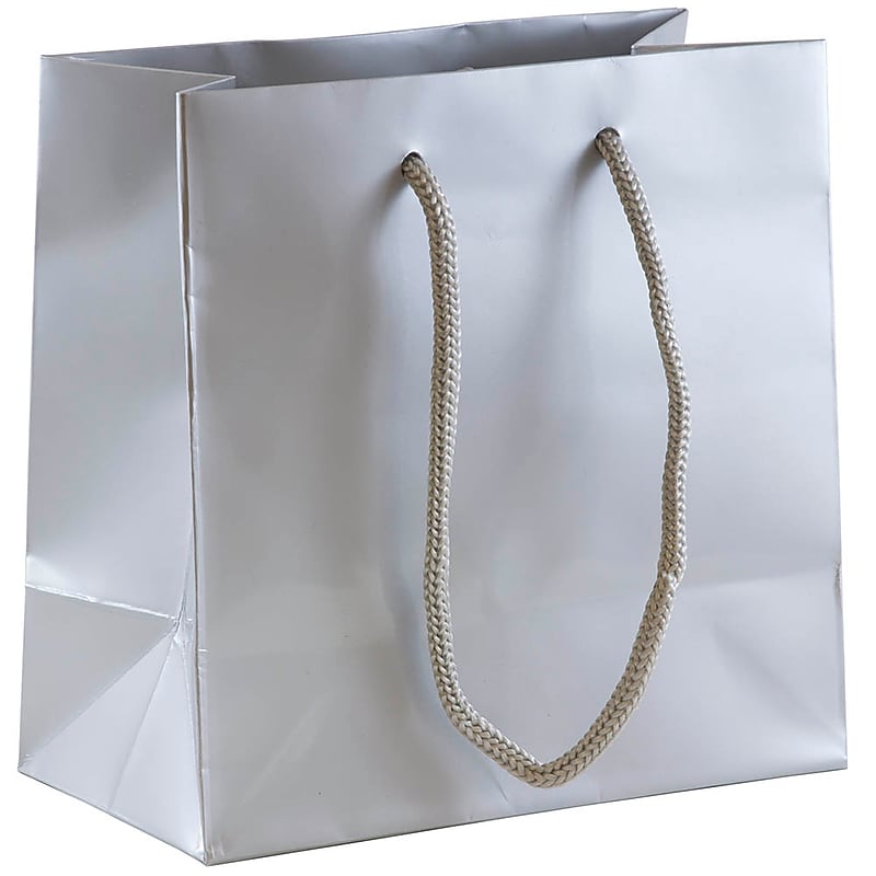 JAM Paper Glossy Gift Bag with Rope Handles, 6.5" x 6.5" x 3.5", Silver, 3 Bags/Pack (896GLSIA) image 1