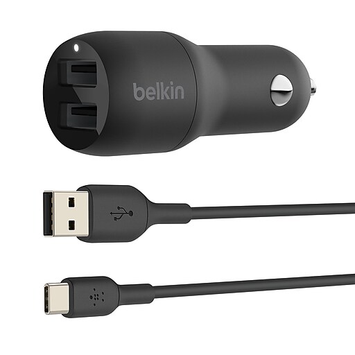 Belkin BOOST CHARGE Dual USBA Car Charger, 24W + USBA to USBC Cable